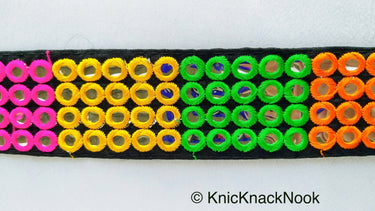 Black / Beige Fabric Mirrored Trim With Green, Orange, Yellow And Pink Embroidery With Mirrors